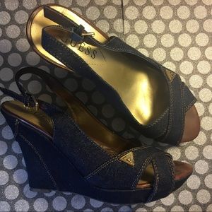 Guess Blue Denim Western Slingback wedges sz 7.5